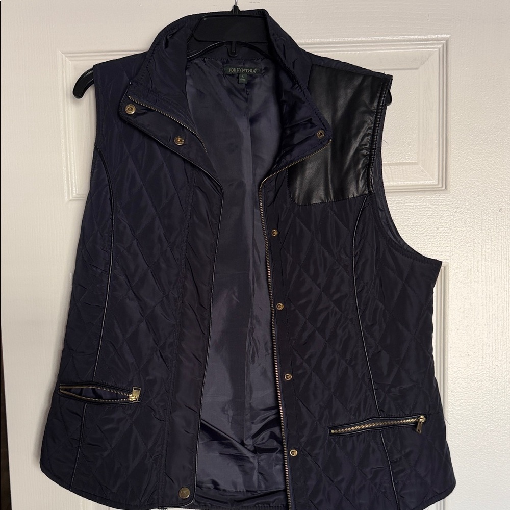 For Cynthia Navy Quilted Vest with Black Faux Leather Yoke